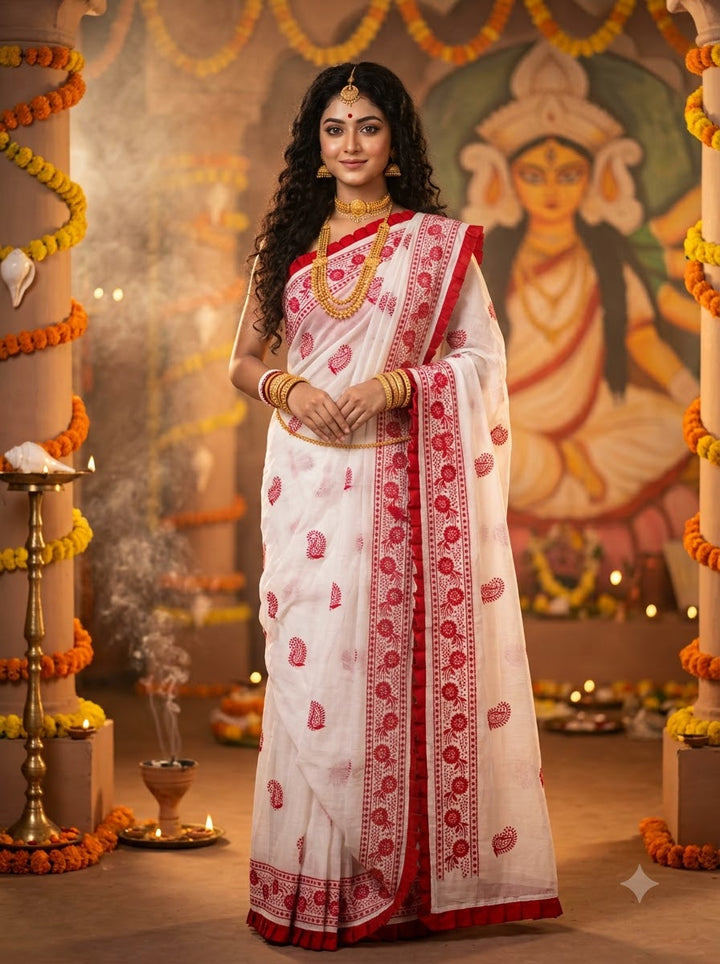 Devi Darshan Khadi Cotton Embroidered Saree