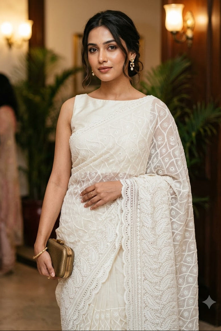 White Rose Chikankari Hakoba Saree