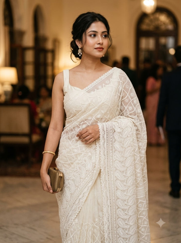White Rose Chikankari Hakoba Saree