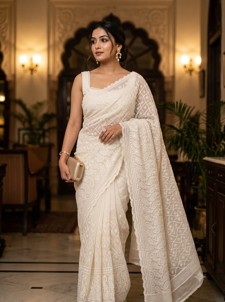 White Rose Chikankari Hakoba Saree