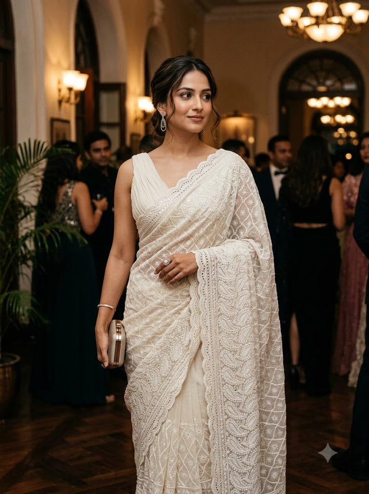 White Rose Chikankari Hakoba Saree