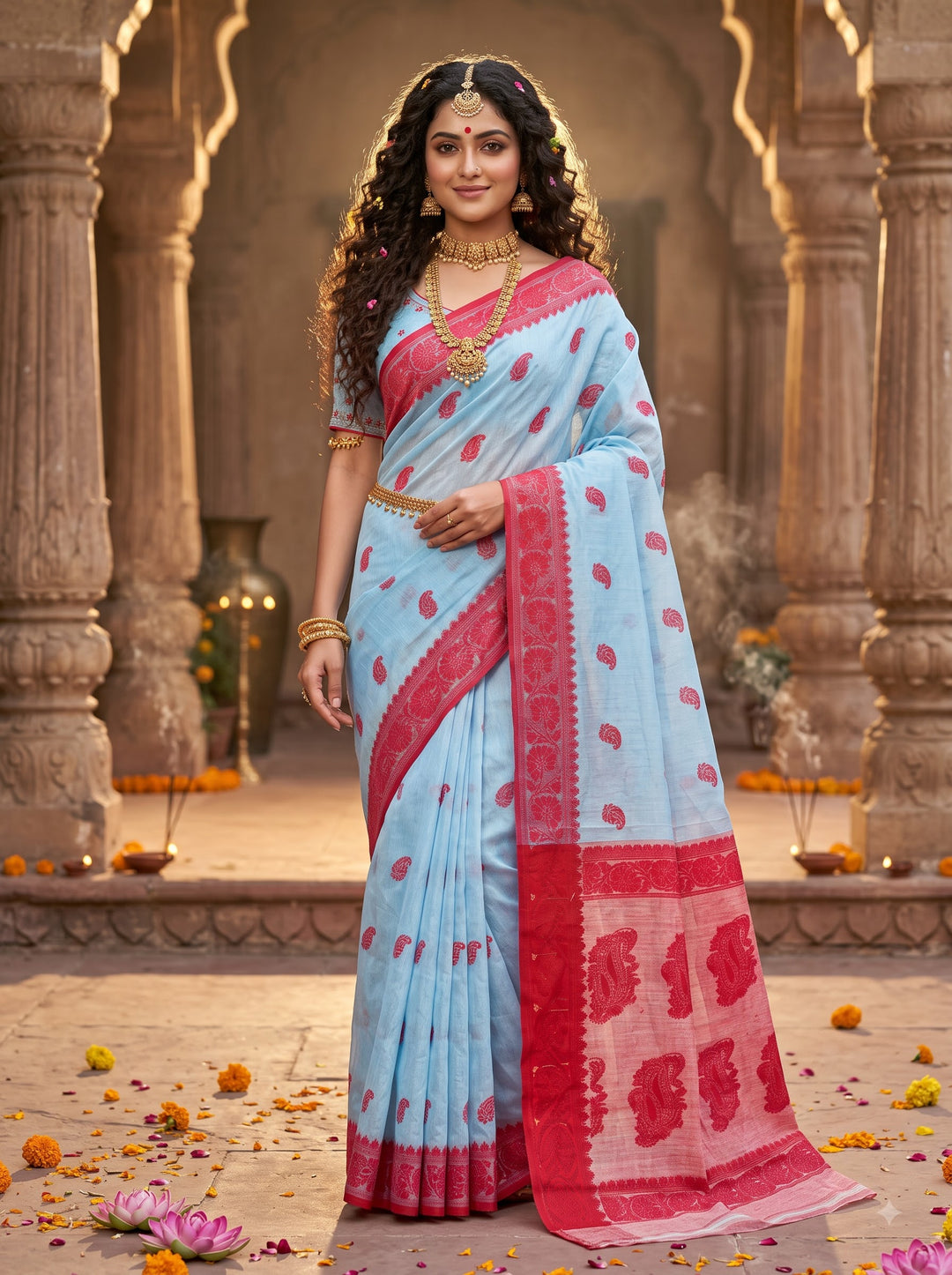 Aabheri Soft Jamdani Saree with Contrast Pallu