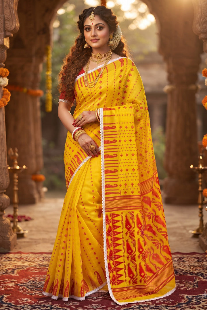 Binodini Bengal Jamdani Saree ( Red and Yellow )
