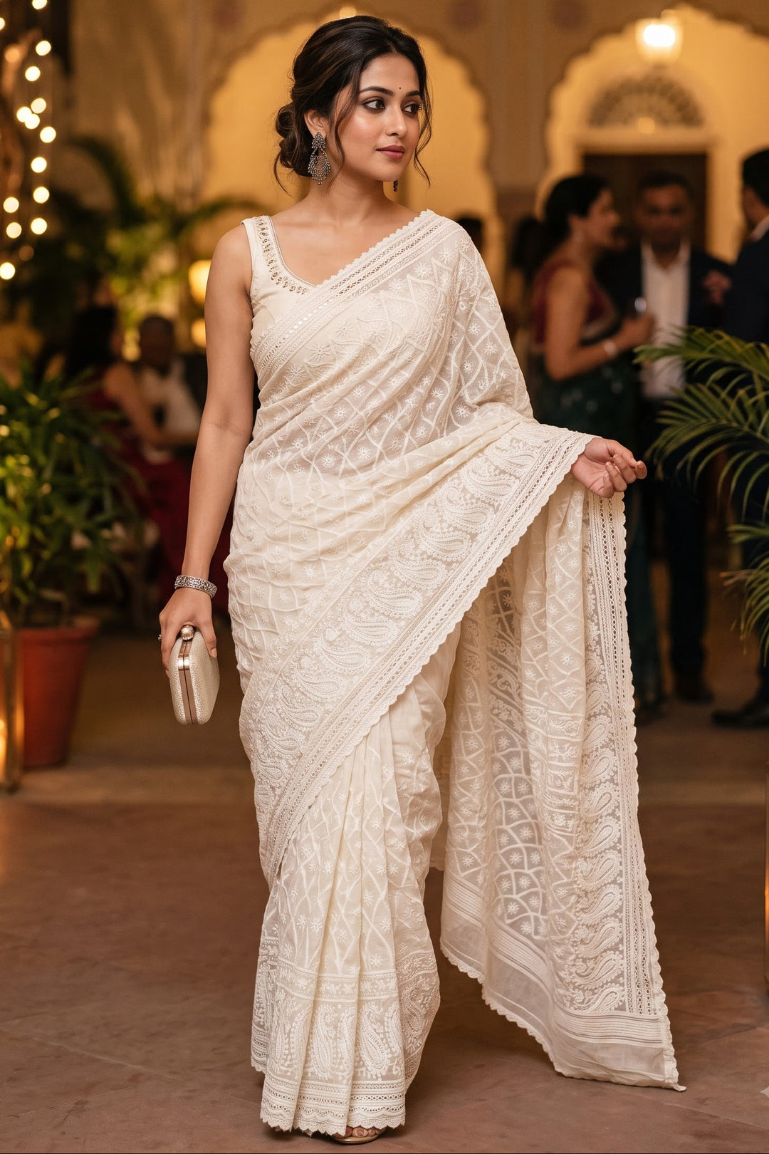 White Rose Chikankari Hakoba Saree