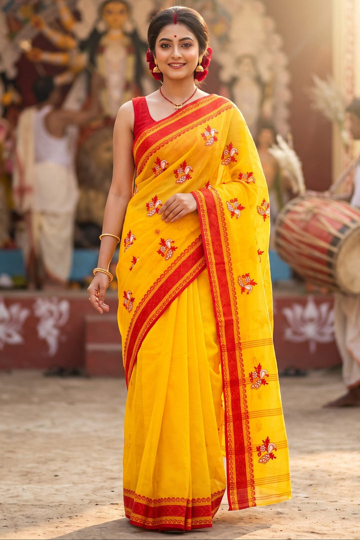 Ashtami Tangail Tant Cotton Saree (Peacock Embroidery)