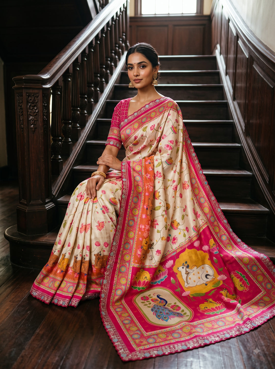 ✨ Madhabh Maya Premium Soft Dola Crepe Kalamkari Silk Saree ✨