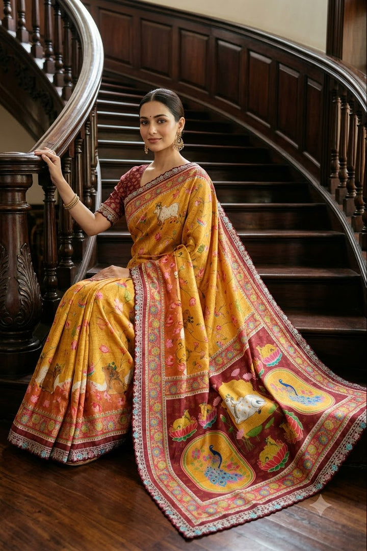 ✨ Madhabh Maya Premium Soft Dola Crepe Kalamkari Silk Saree ✨