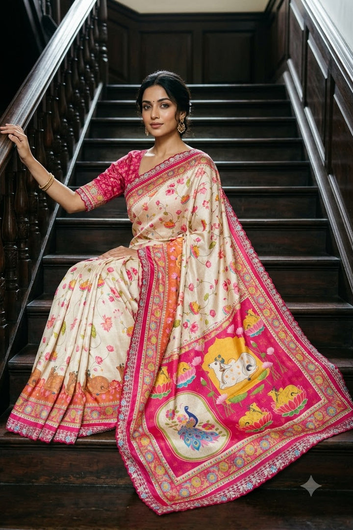 ✨ Madhabh Maya Premium Soft Dola Crepe Kalamkari Silk Saree ✨