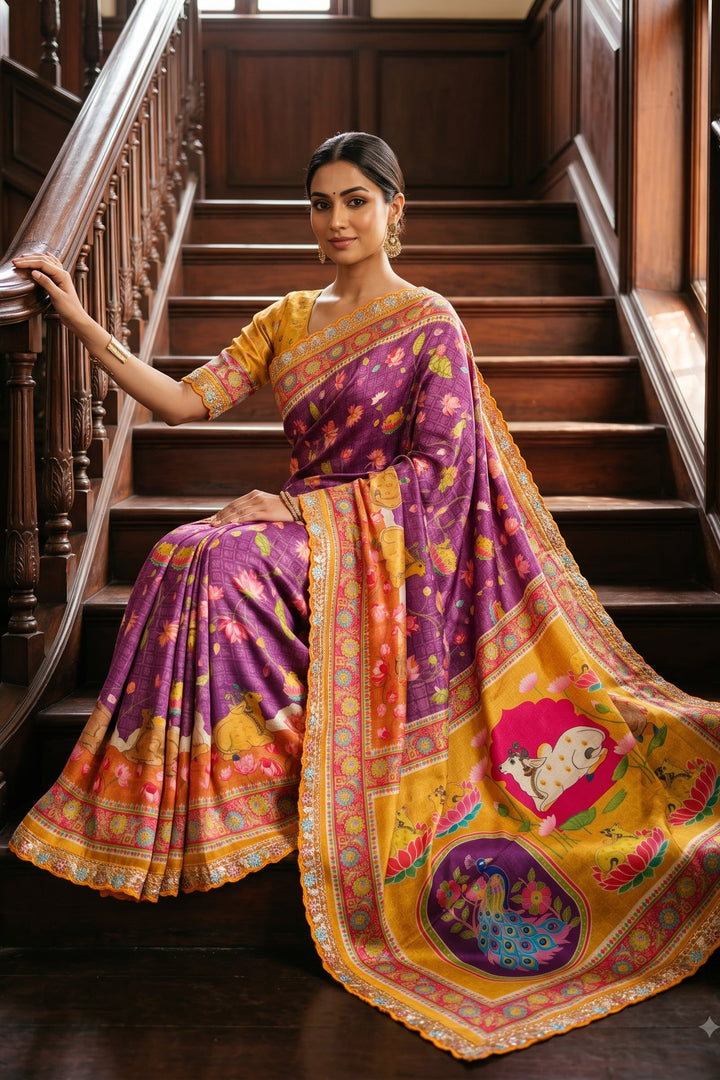 ✨ Madhabh Maya Premium Soft Dola Crepe Kalamkari Silk Saree ✨
