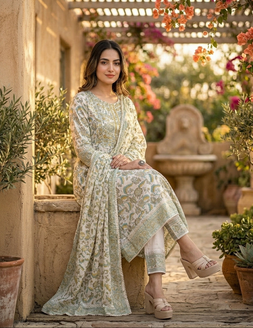 Occasional Bliss Jaipuri Kurti Set(Yellow Tone)