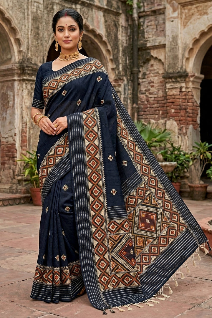 Ruprekha Semi Matka Silk Gujarati Print Kantha Border Saree