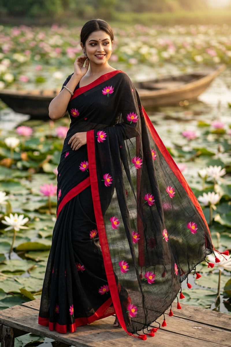 Midnight Lotus Cotton Saree
