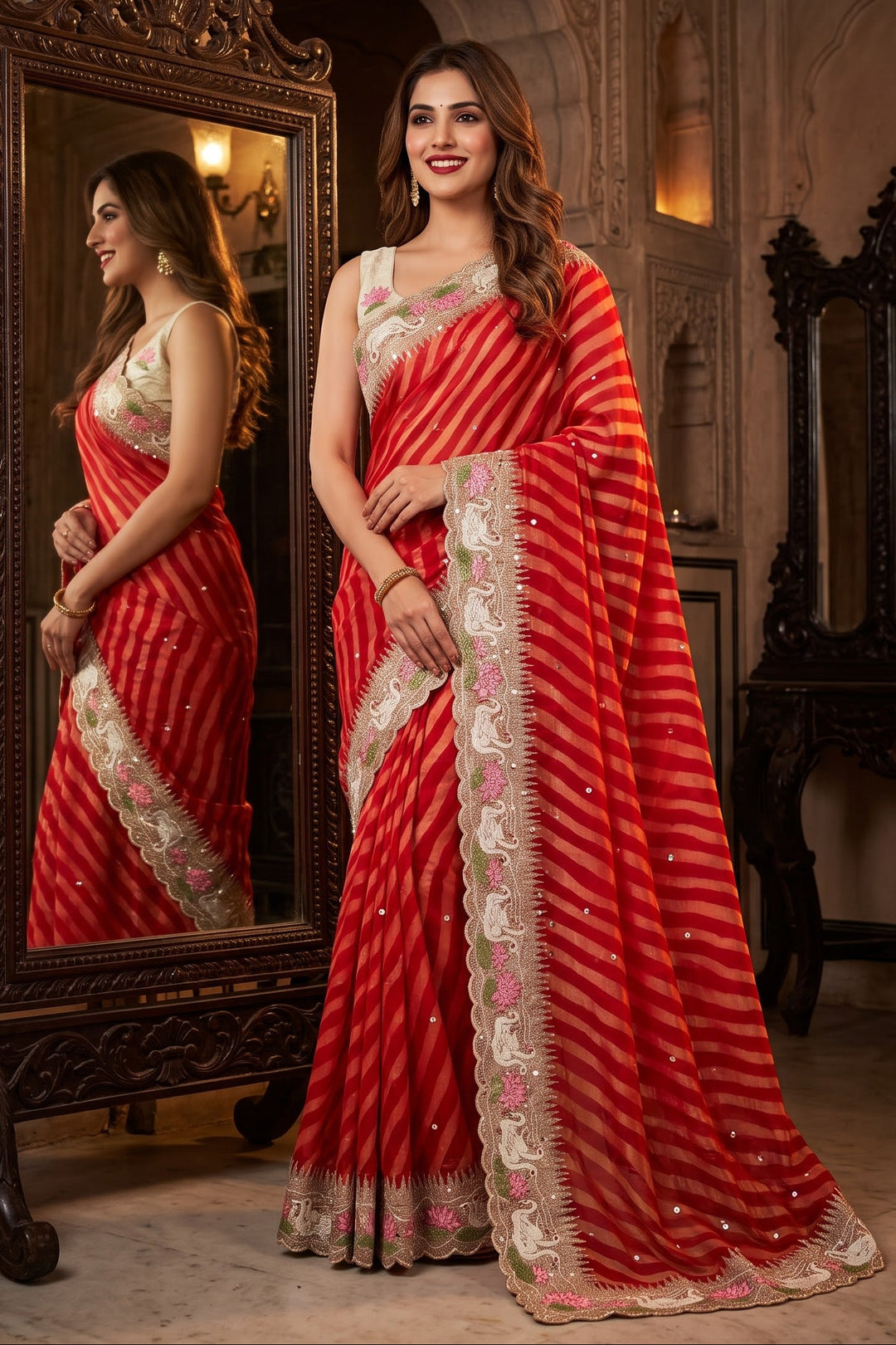 Rosewood Romance Embroidery Chiffon Saree
