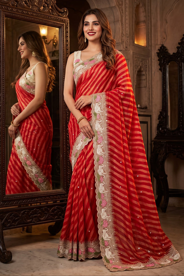 Rosewood Romance Embroidery Chiffon Saree