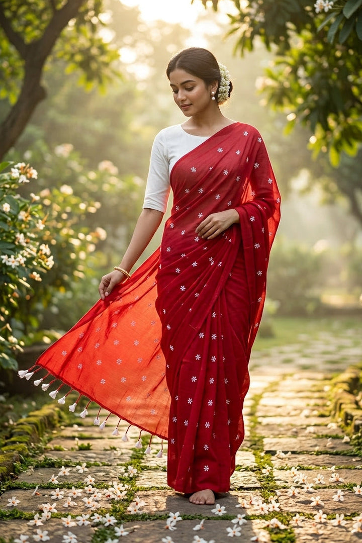 Bengal Shiuli(Jasmine) khadi Saree In Red