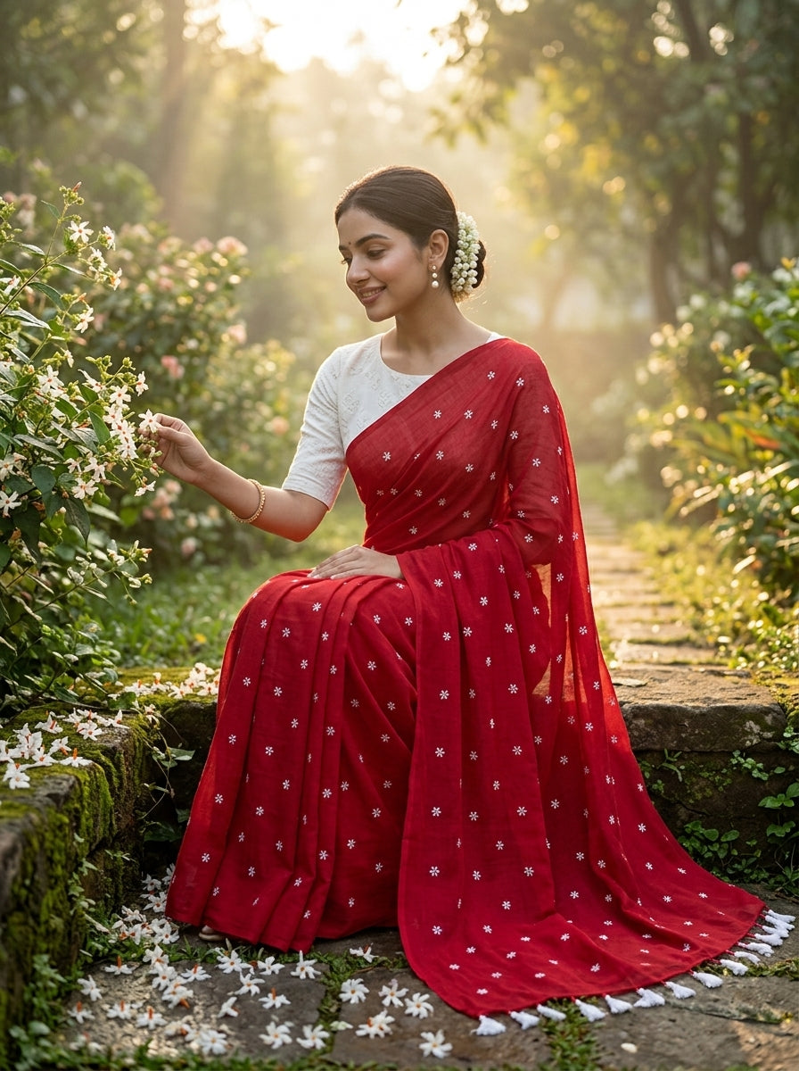 Bengal Shiuli(Jasmine) khadi Saree In Red