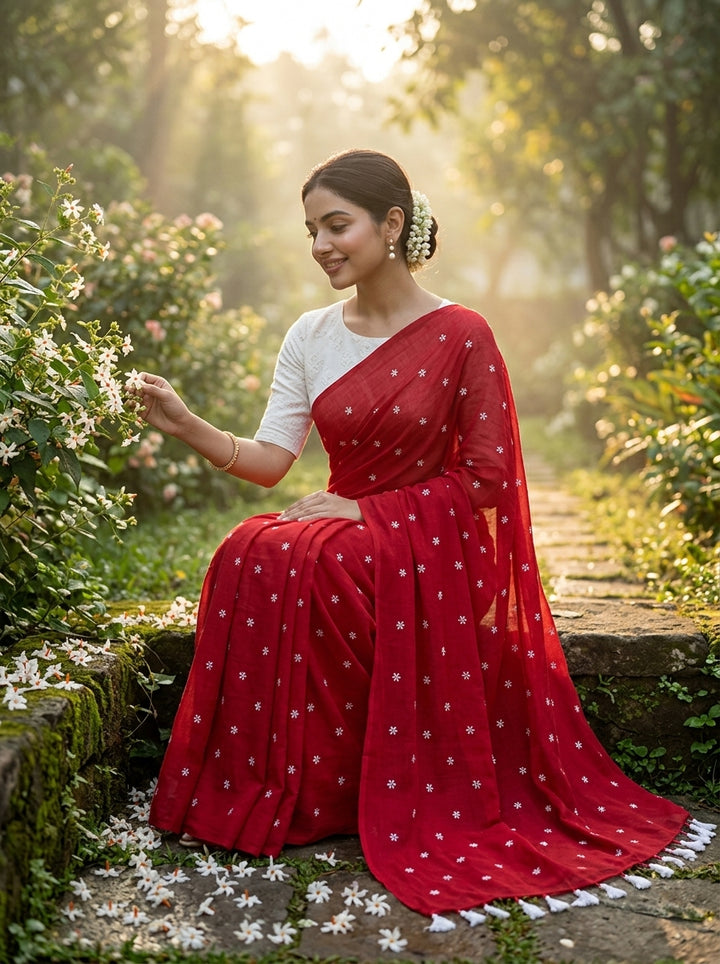 Bengal Shiuli(Jasmine) khadi Saree In Red