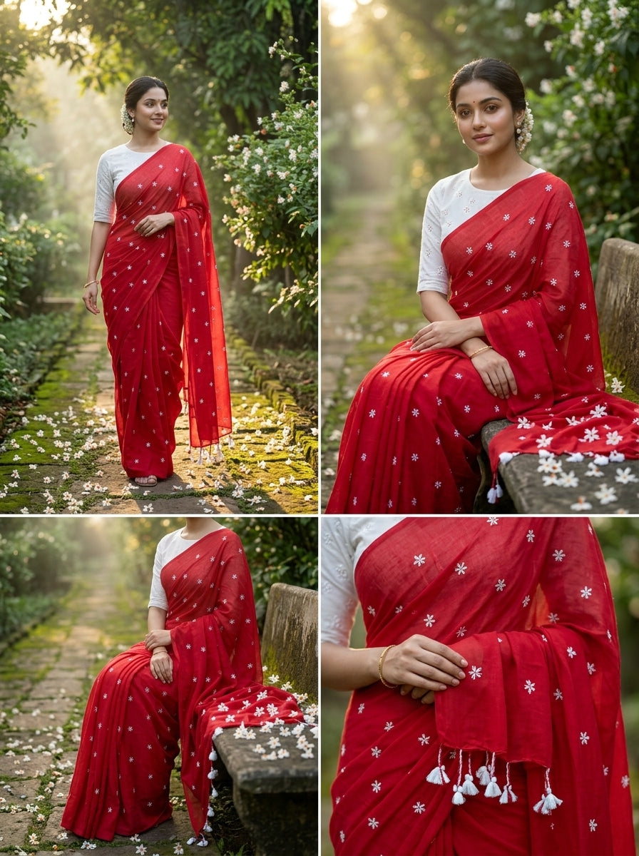 Bengal Shiuli(Jasmine) khadi Saree In Red