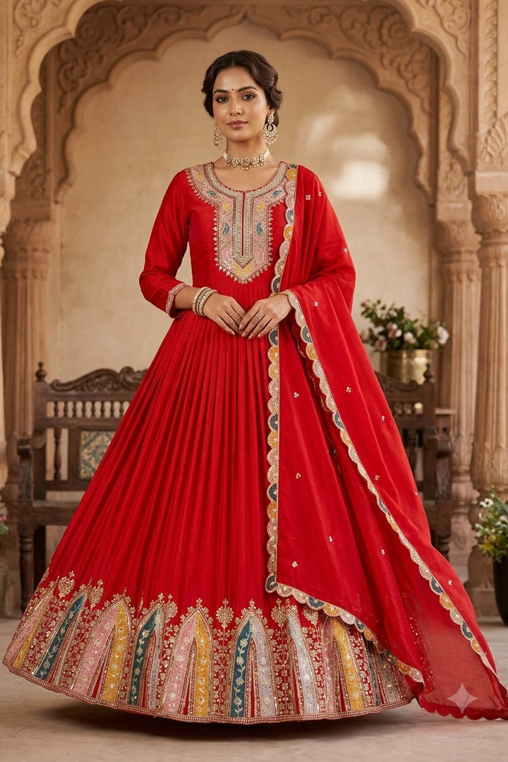Goddess Of Shimmer Chinnon Silk Red Gown