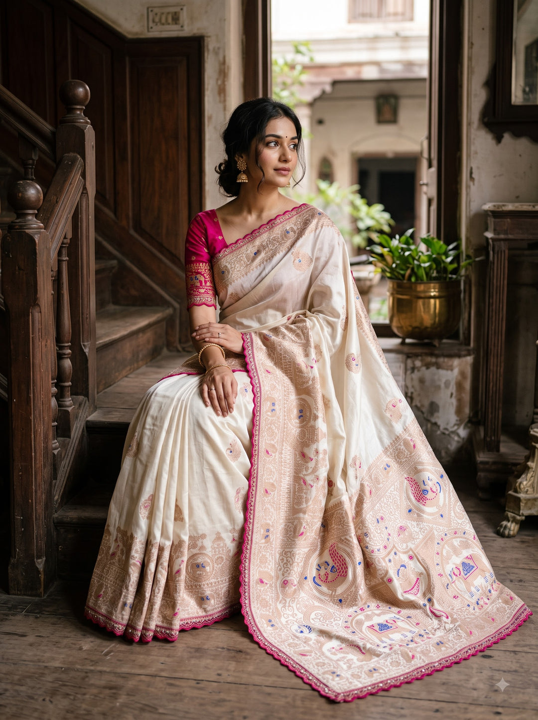 Indulekha Dola Silk Saree with Zari Jacquard Weaving & Meenakari Border