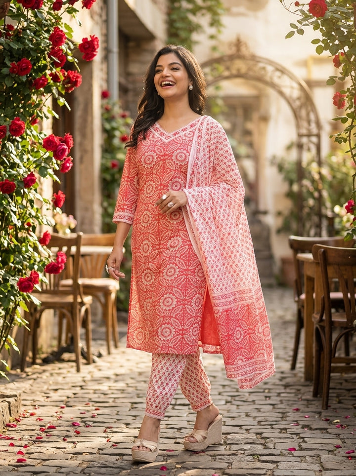 Courageous Red With Cute Pockets Cotton Kurti Set