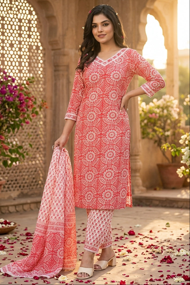 Courageous Red With Cute Pockets Cotton Kurti Set