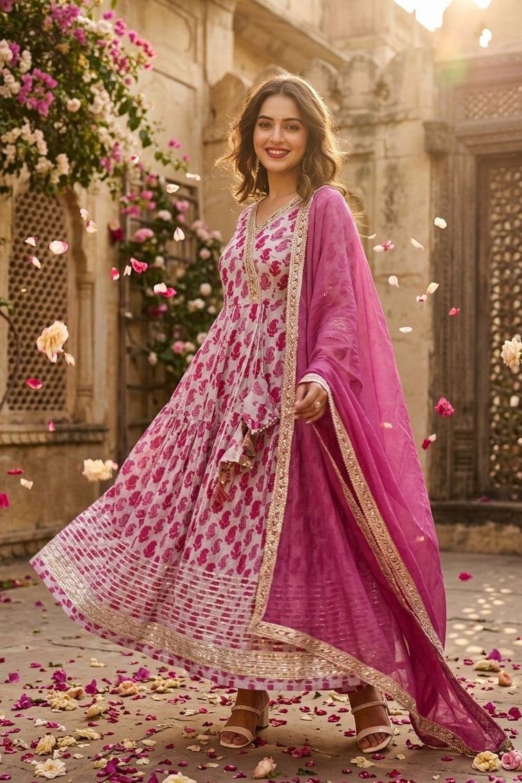 Pink Shadow Cotton Kurti Set