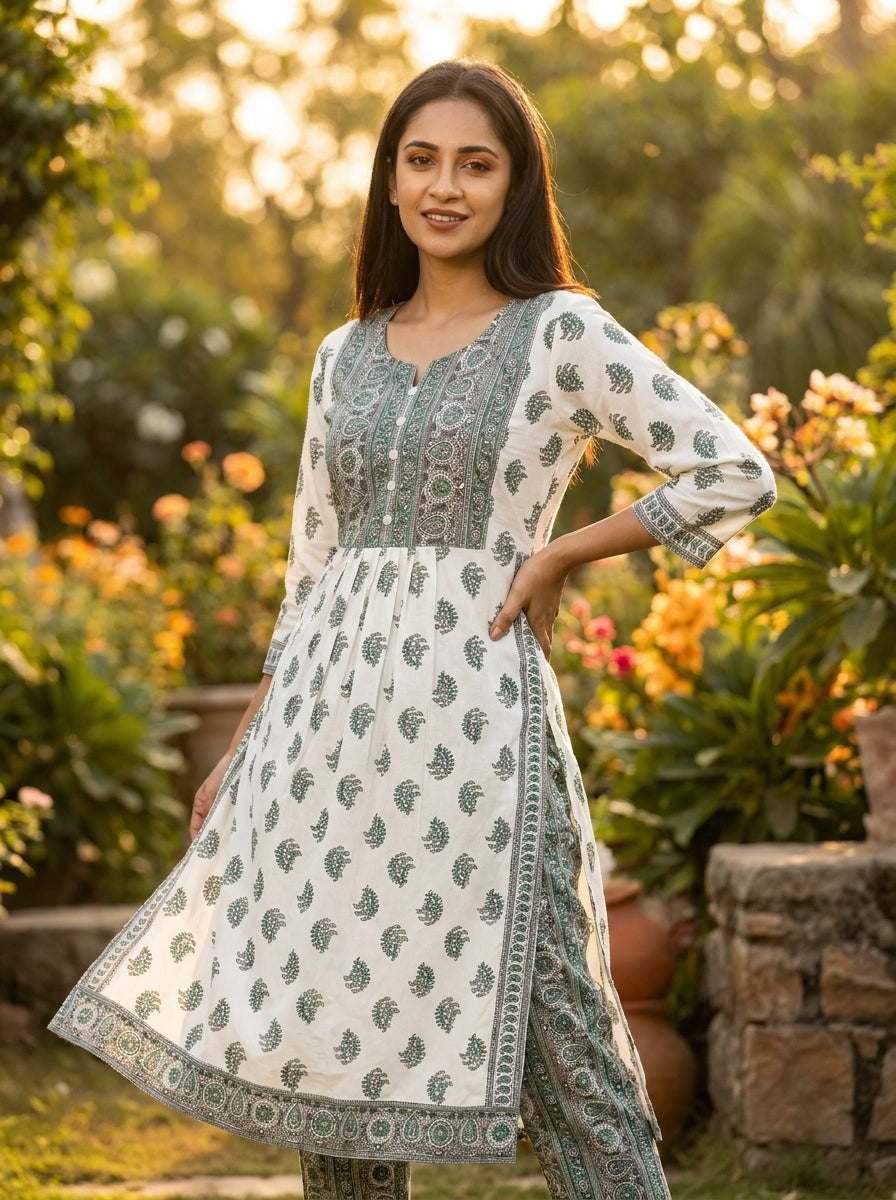 White Green Kurti Set