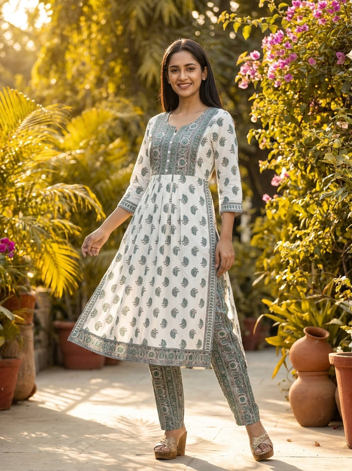White Green Kurti Set