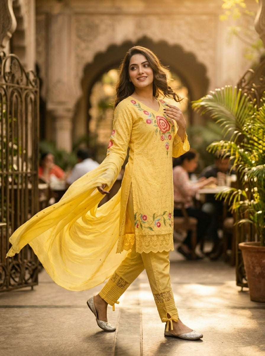 Shades Of Yellow Cotton Kurti Set