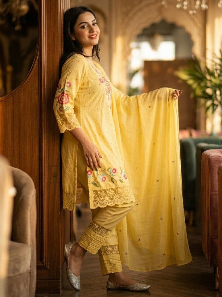Shades Of Yellow Cotton Kurti Set