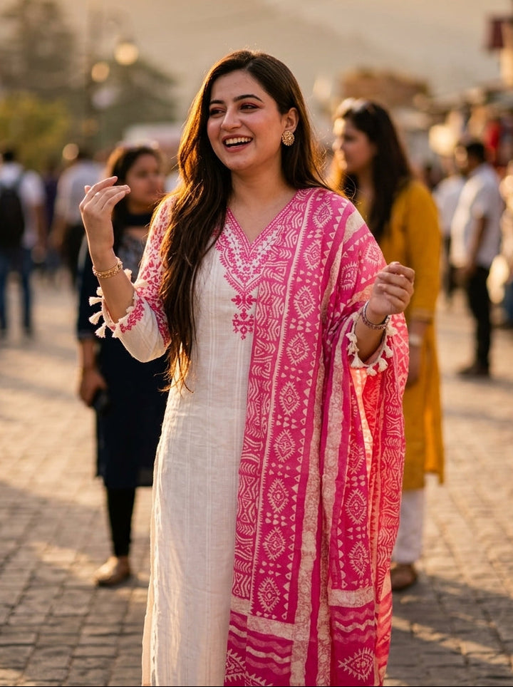 Snow Pink Hills Cotton Kurti Set