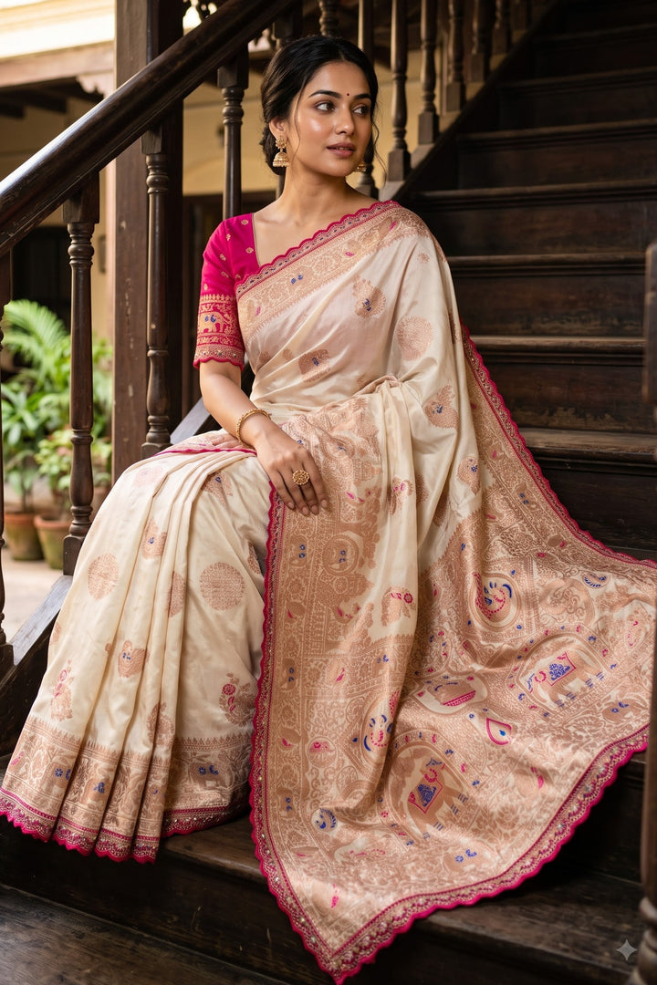 Indulekha Dola Silk Saree with Zari Jacquard Weaving & Meenakari Border