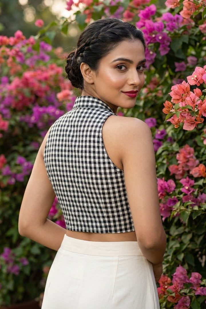Chromatic Muse – Checked Halter Neck Designer Blouse
