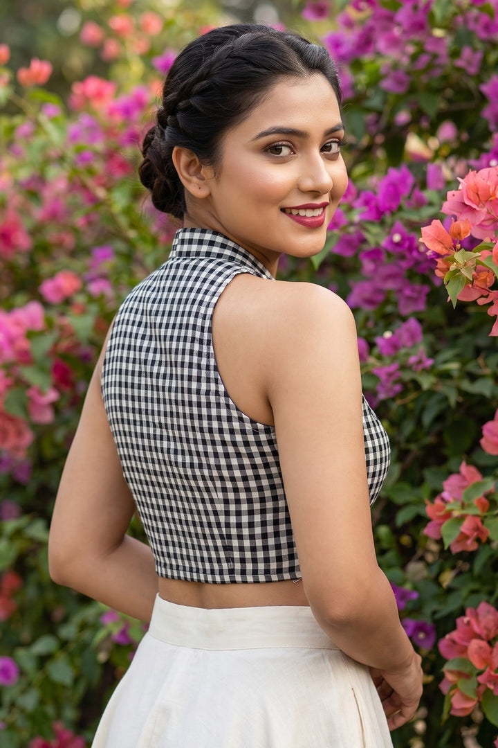 Chromatic Muse – Checked Halter Neck Designer Blouse