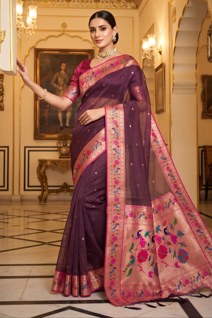 Golden Dew-Organza Silk (Semi) Saree with Minakari Zari Border & Designer Zari Pallu