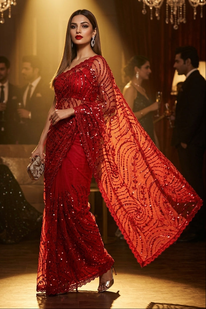 Dilruba Crimson Designer Net Saree