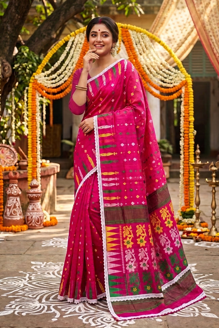 Binodini Bengal Jamdani Saree(Pink Green Yellow)