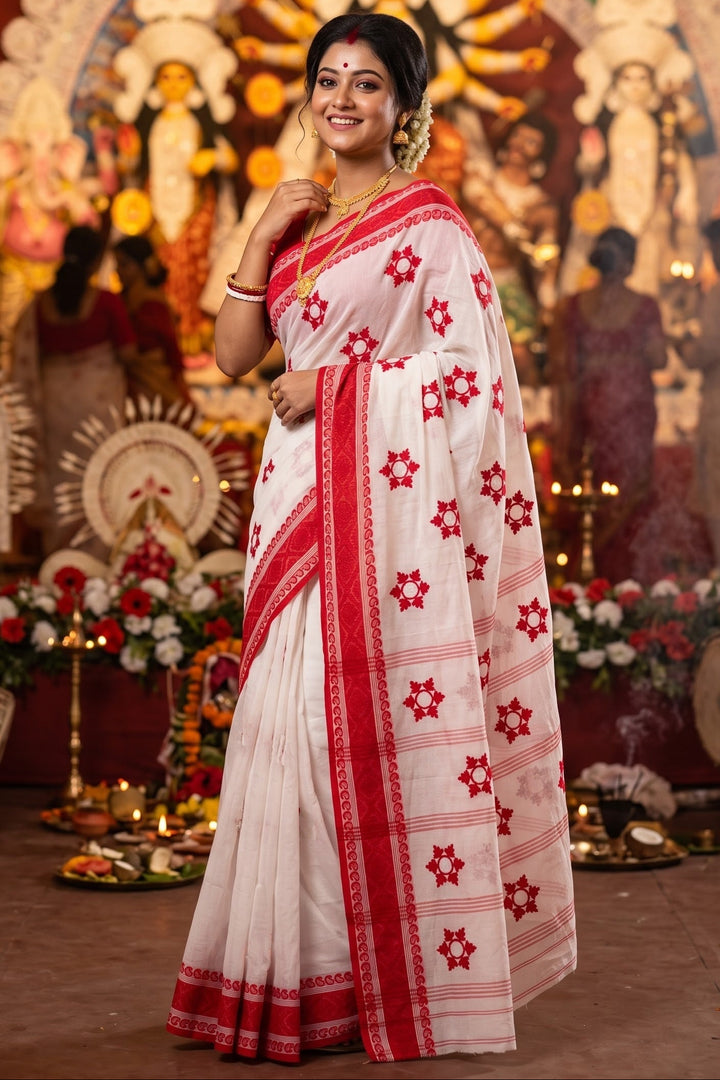Ashtami Tangail Tant Cotton Saree (Snow flakes Embroidery)