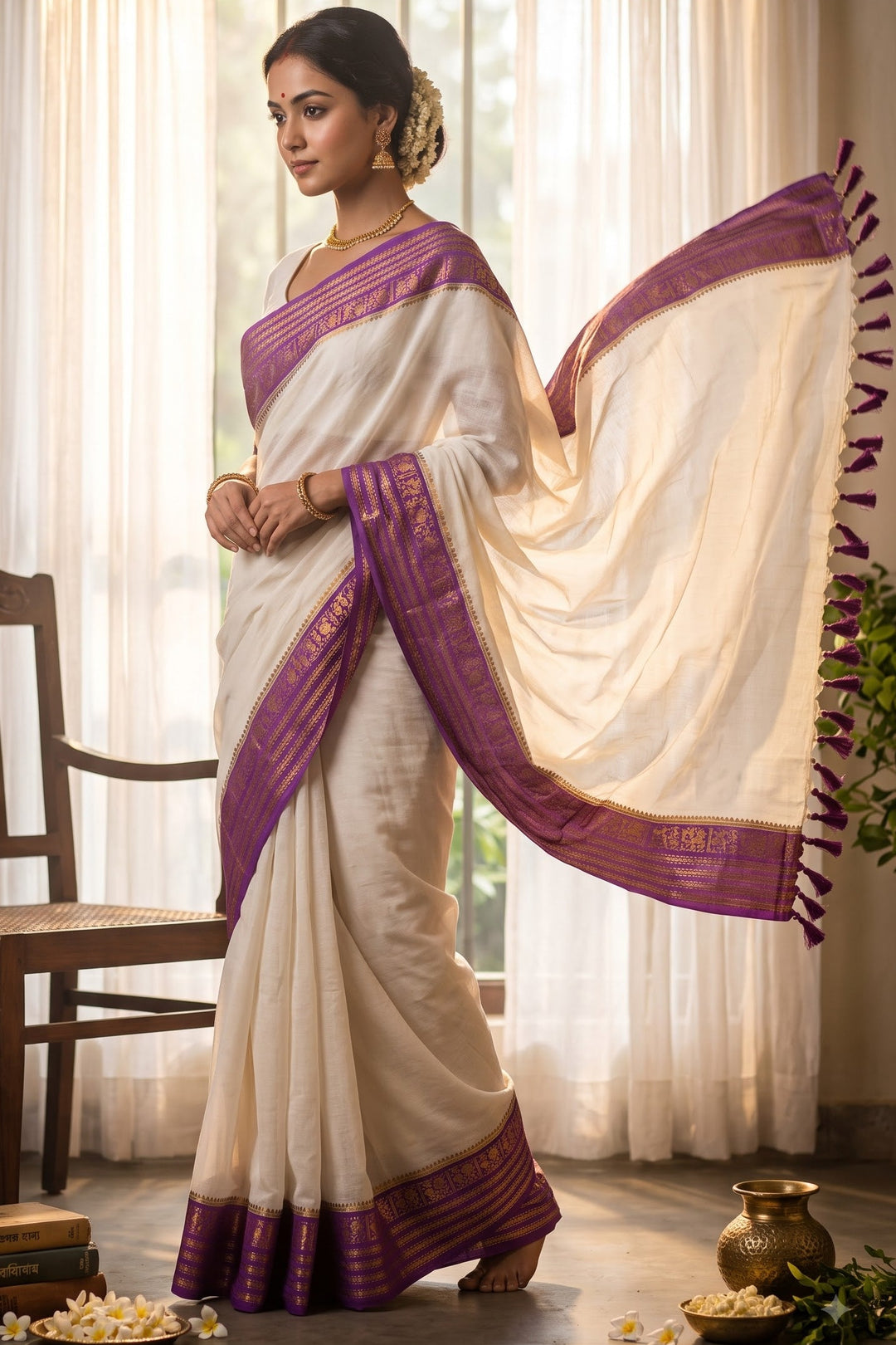 Mahalaya Pure Mul Cotton Saree with Zari Woven Border ✨