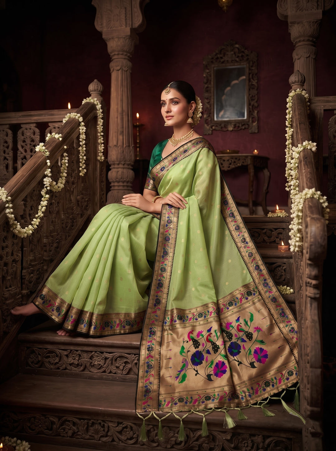 Golden Dew-Organza Silk (Semi) Saree with Minakari Zari Border & Designer Zari Pallu