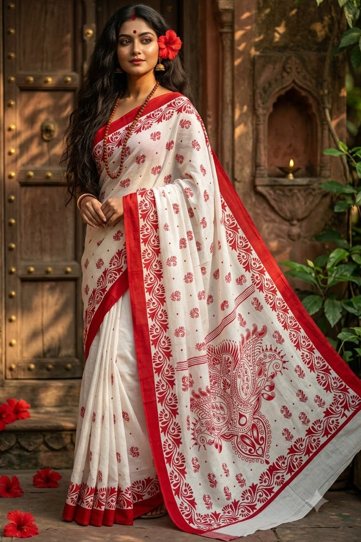 Sharod Shree Mul Cotton Saree with Print Work