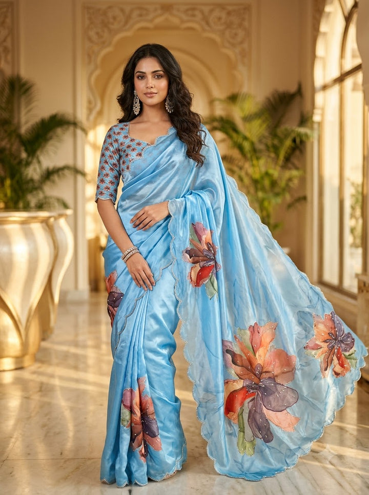 Noore Luxe – Premium Fendy Satin Digital Print Saree with Intricate Handwork