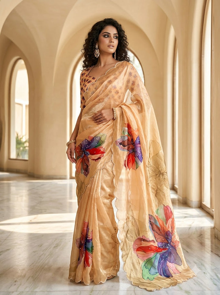 Noore Luxe – Premium Fendy Satin Digital Print Saree with Intricate Handwork