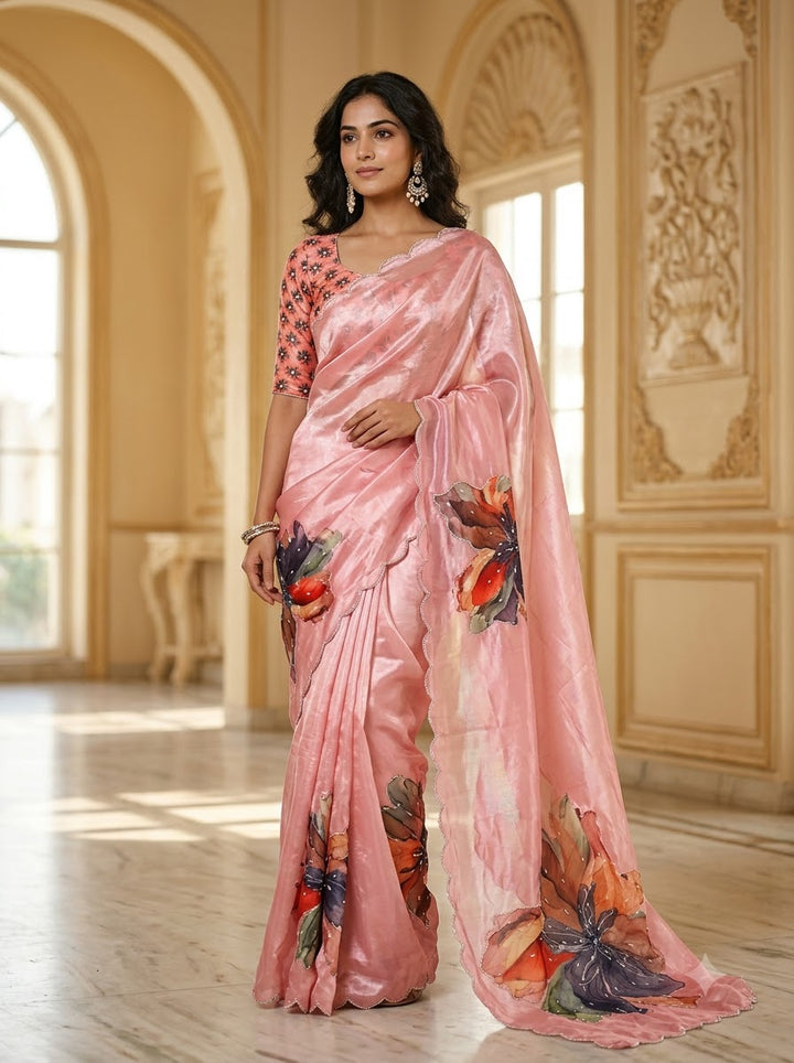 Noore Luxe – Premium Fendy Satin Digital Print Saree with Intricate Handwork