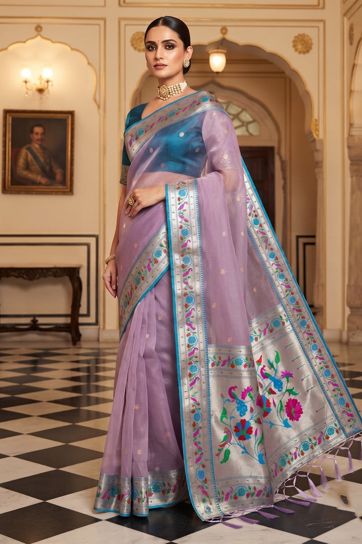 Golden Dew-Organza Silk (Semi) Saree with Minakari Zari Border & Designer Zari Pallu