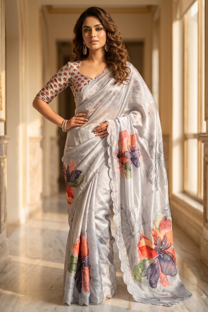 Noore Luxe – Premium Fendy Satin Digital Print Saree with Intricate Handwork