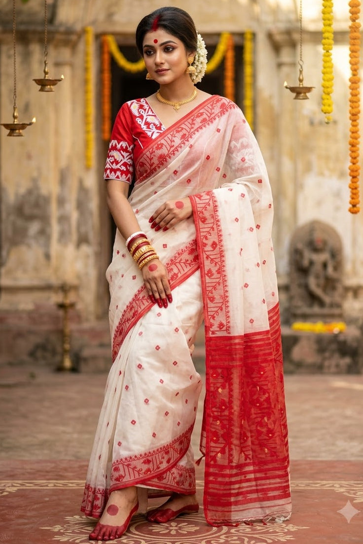 Ektu Bikel – Karat Dhakai Jamdani Saree with Designer Cotton Blouse Combo