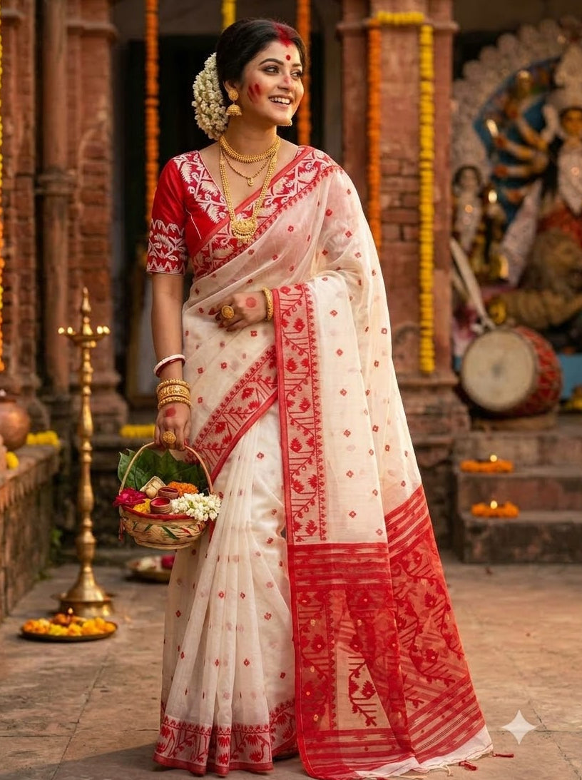 Ektu Bikel – Karat Dhakai Jamdani Saree with Designer Cotton Blouse Combo