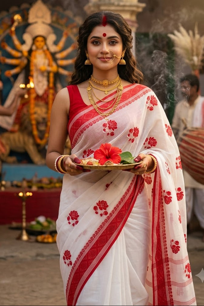 Ashtami Tangail Tant Cotton Saree (Rose Embroidery)